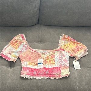 Pink and Orange Ruffled Crop Blouse